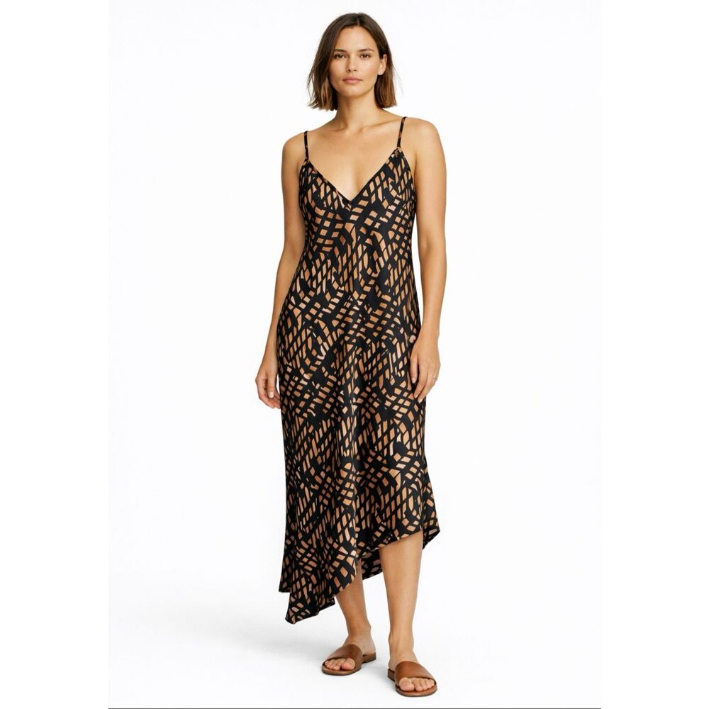 Go by GoSilk 100% Silk Abstract Print Slip Dress Asymmetric Hem S